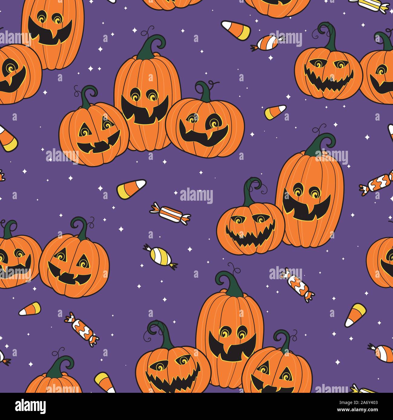 Cute and fun halloween pumpkins seamless pattern, smiling pumpkin faces