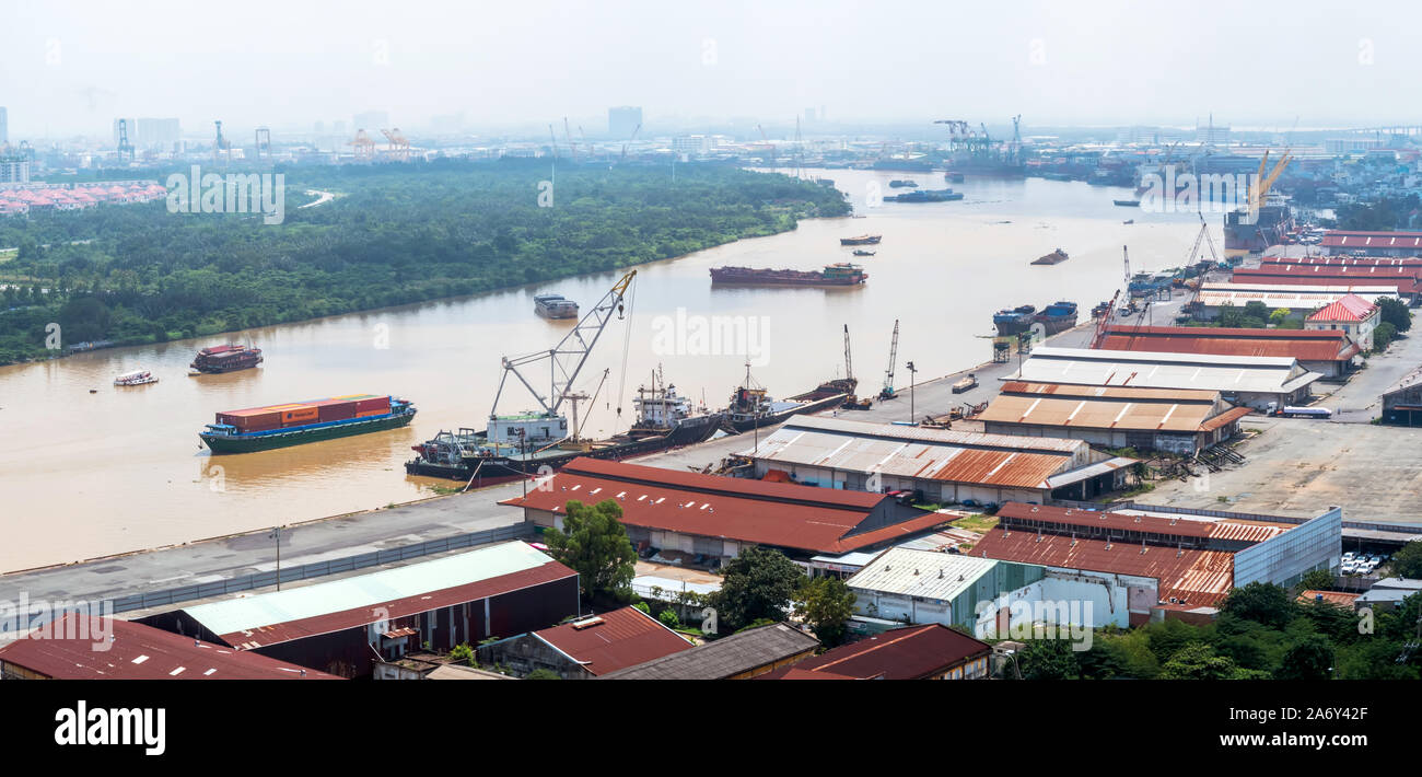 HO CHI MINH, VIETNAM - September 25 2019 : Panorama view of ho chi minh city frontier and Saigon river port from District 4 with development buildings Stock Photo
