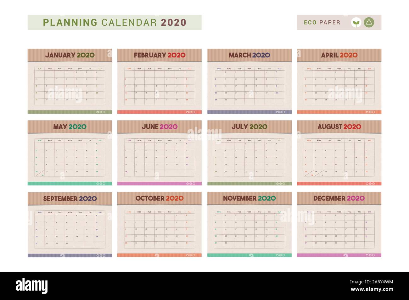 Recycled paper wall calendar 2020 with grid planner Stock Vector Image