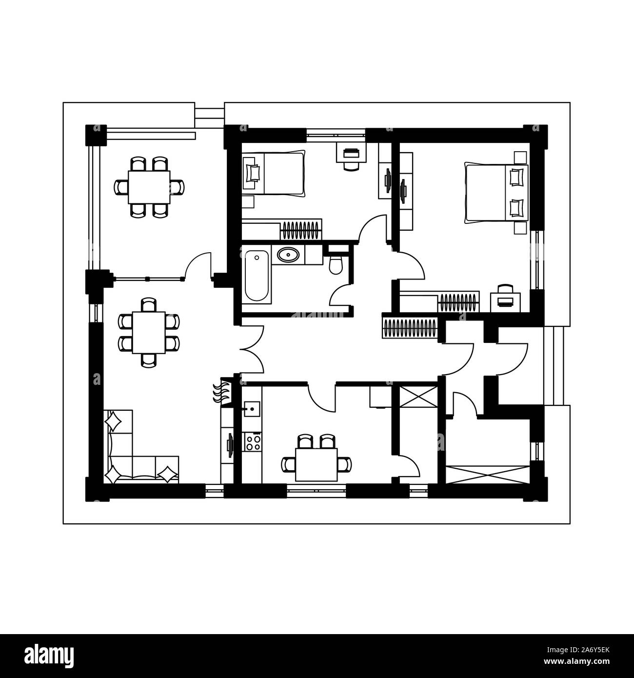 Architectural floor plan of a house. The drawing of the cottage. Isolated on white background. Vector black illustration EPS10 Stock Vector