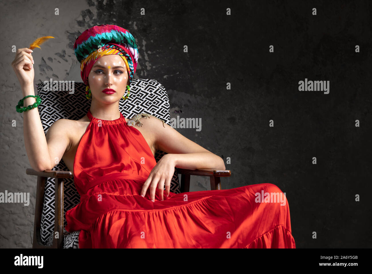 model in red dress and Oriental style Stock Photo