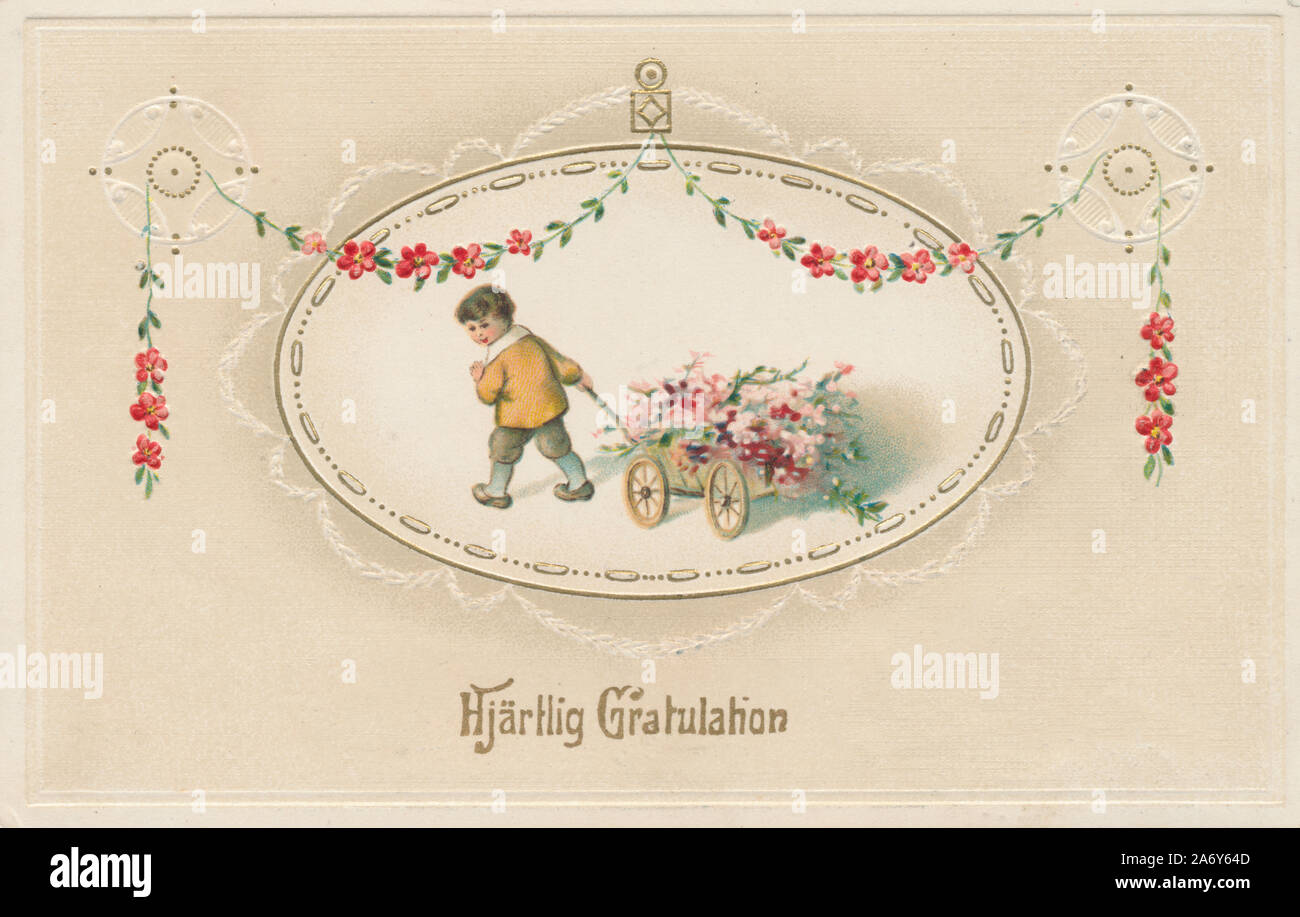 Antique Edwardian To My Valentine Postcard With Charming Young Boy Delivering Baskets of Roses This card is Circa 1909.