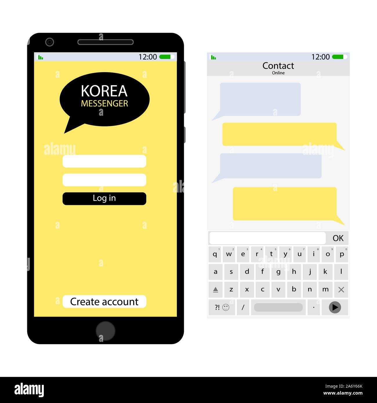 Korea messenger user interface. Korea messenger communication app, dialog and chat communicate screen, vector illustration, asian chatting kakao talk Stock Vector