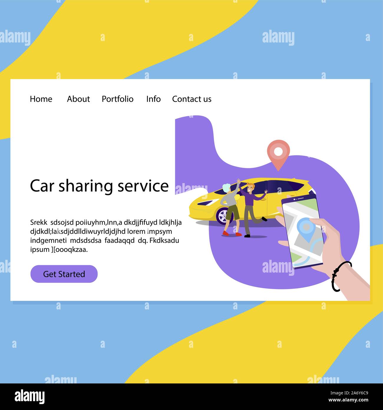 Car sharing service web page landing. Transportation service carshare, ordering auto rent, vector illustration Stock Vector