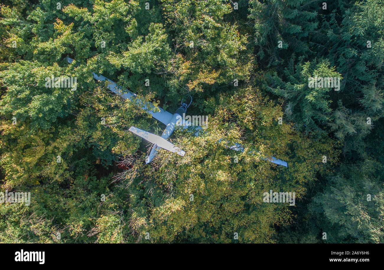 Porta Westfalica, Germany. 29th Oct, 2019. An injured glider, which is to be salvaged today, hangs in the crowns of trees. The plane was to be forced to land in the forest area on 12.10. and got caught in the treetops at a height of 35 metres. The pilot and his companion could be freed unharmed with a helicopter. (Aerial photograph with drone) Credit: Friso Gentsch/dpa/Alamy Live News Stock Photo