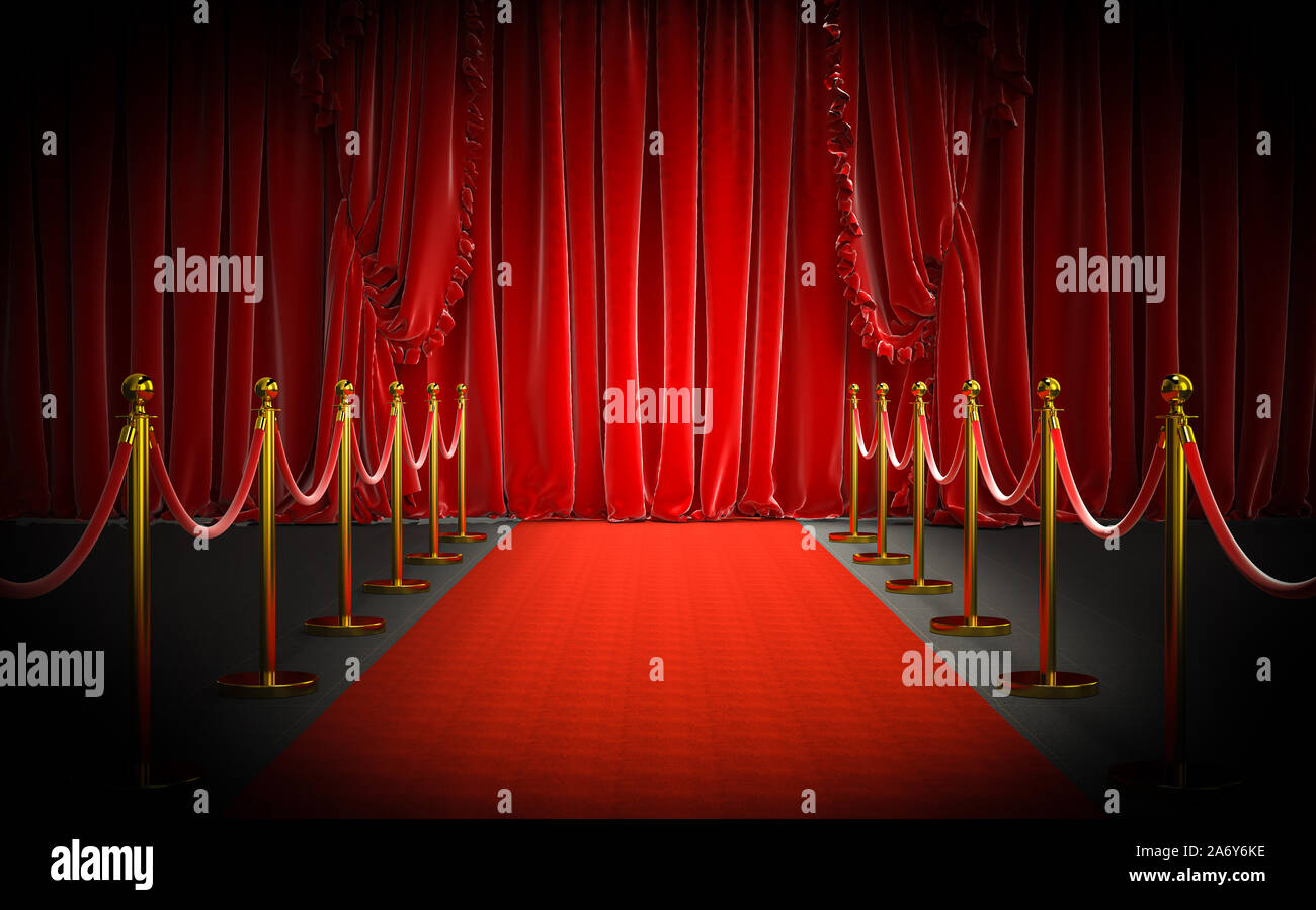 red carpet and gold barriers with red rope and large curtains at the entrance. concept of luxury and exclusivity. 3d image render Stock Photo