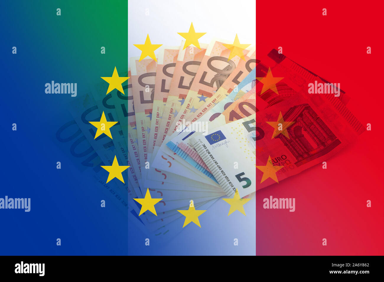 Flag of Europe and Italian flag with euro banknotes and coins as a background Stock Photo