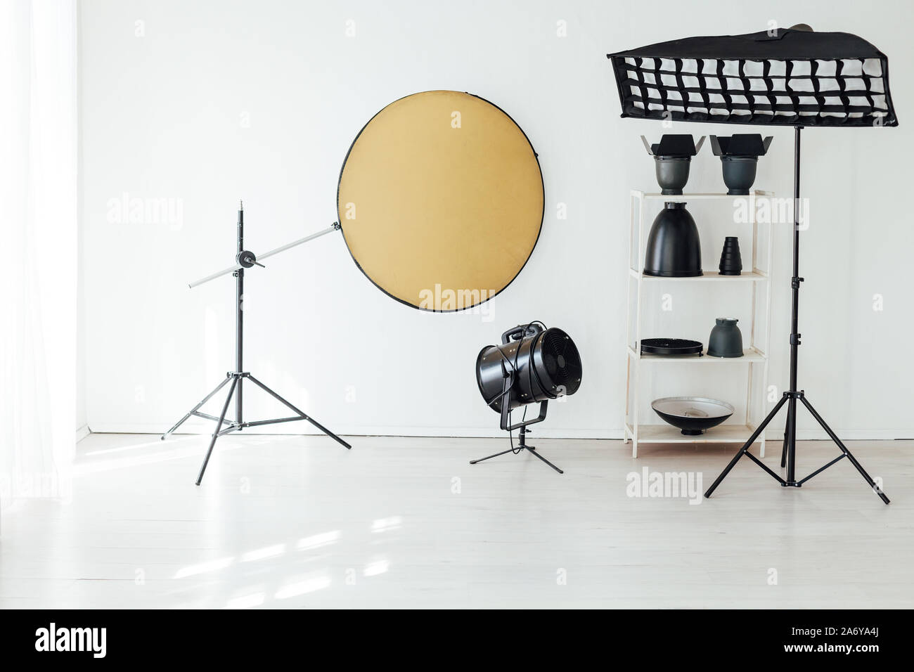 Flash photo studio accessories photographer equipment interior Stock