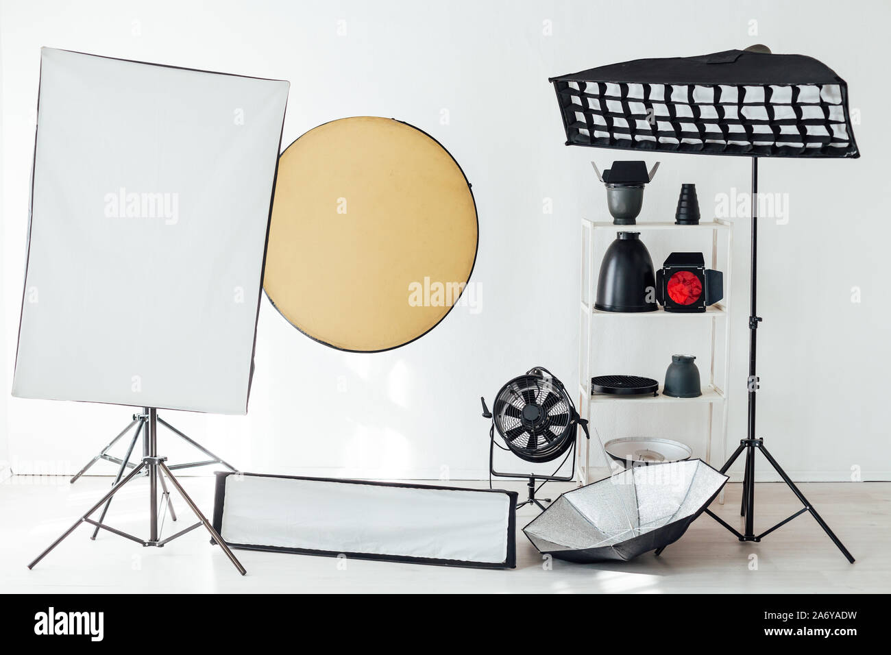 Flash photo studio accessories photographer equipment interior Stock