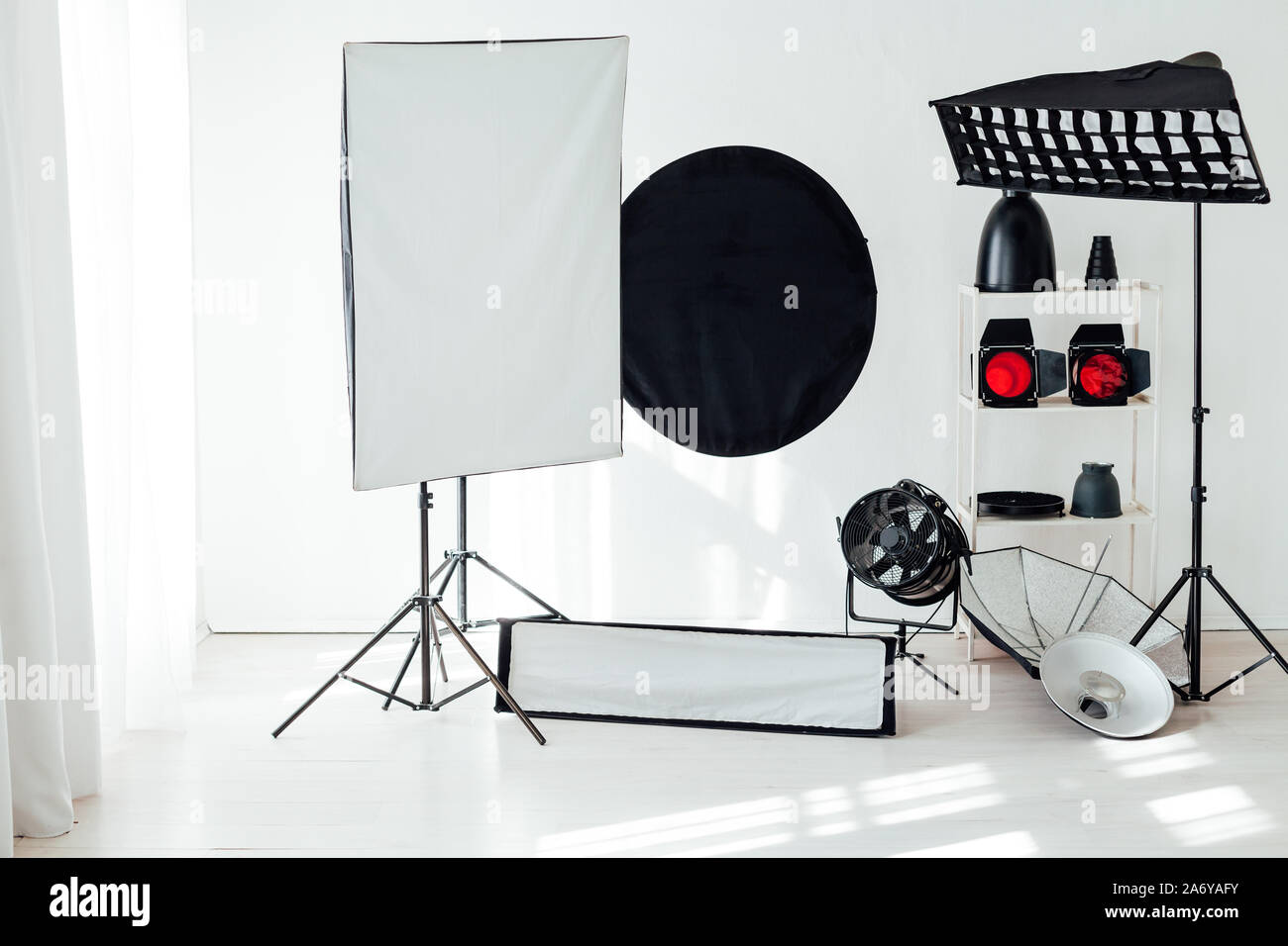 Flash photo studio accessories photographer equipment interior Stock
