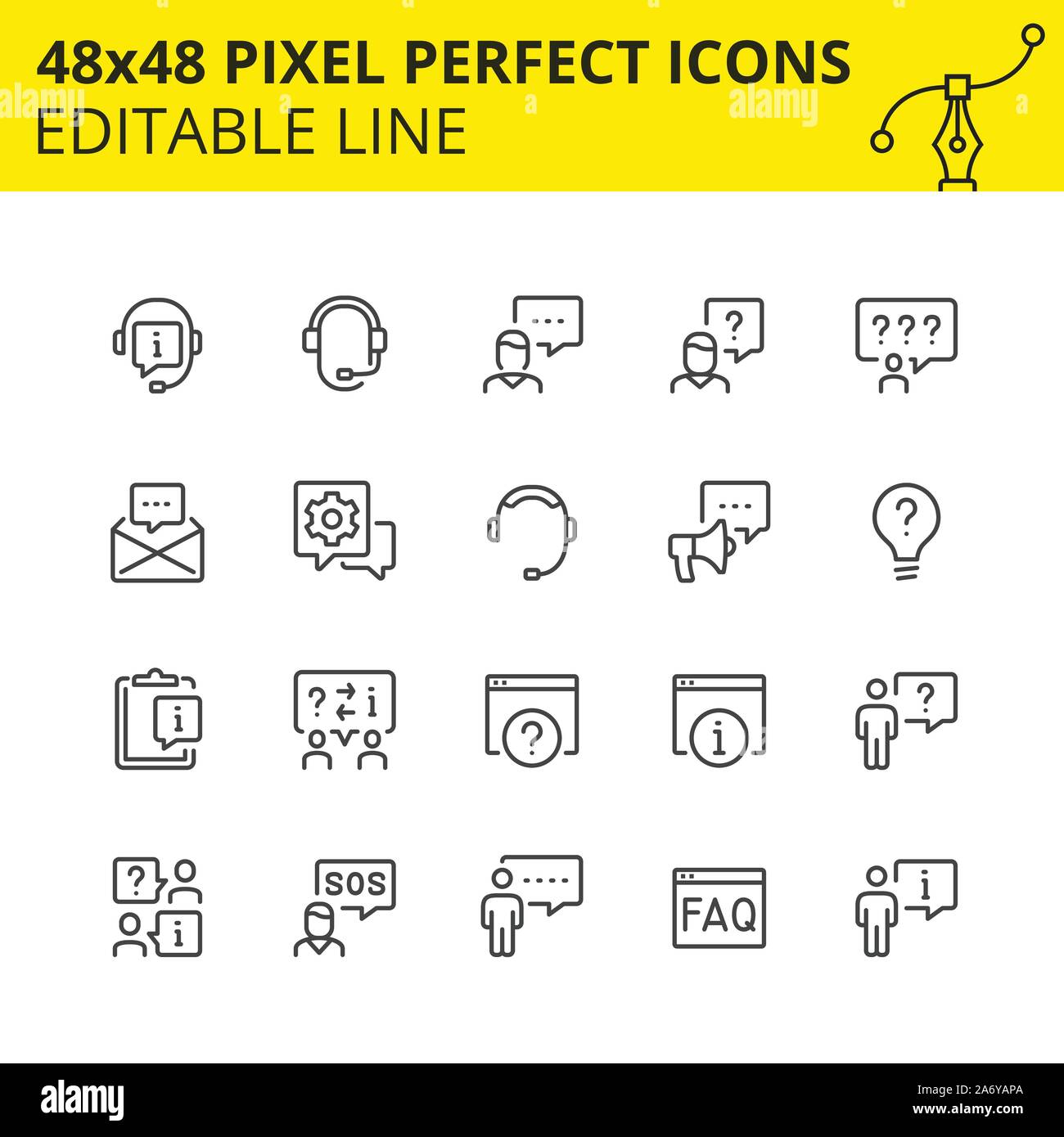 Icons for technical support and assistance. Qualified answer any time or consult with the specialist of our call-center. Speaker, headset, operator. Stock Vector