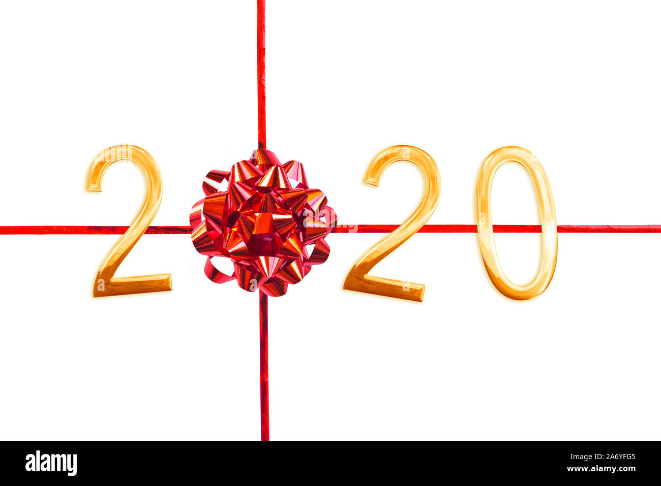 2020 golden numbers, red gift bow and ribbon isolated on white, new year and christmas card Stock Photo