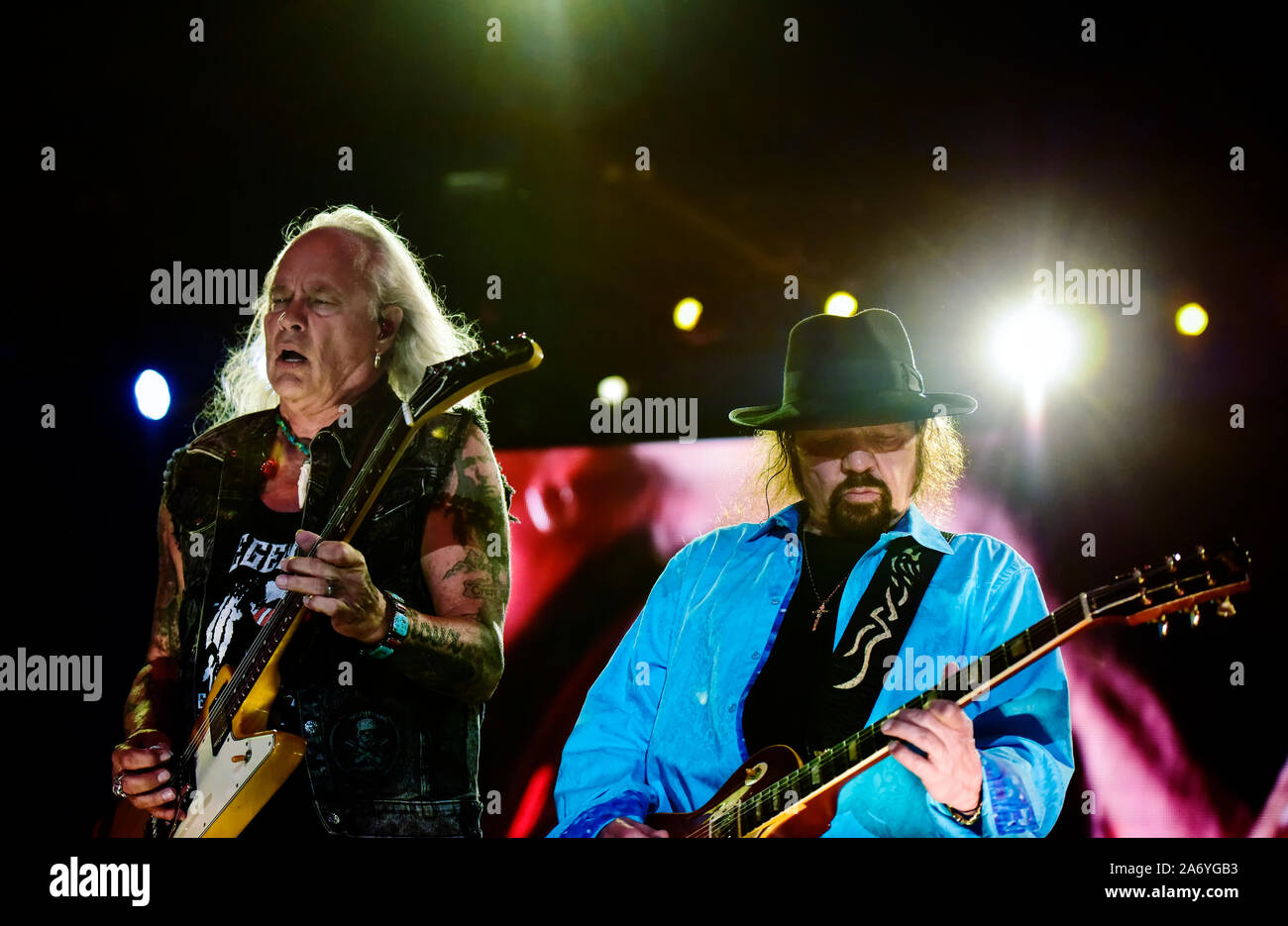 Gary Rossington and Ricky Medlocke of Lynyrd Skynyrd on stage at the Stagecoach Festival in Indio, California. Stock Photo