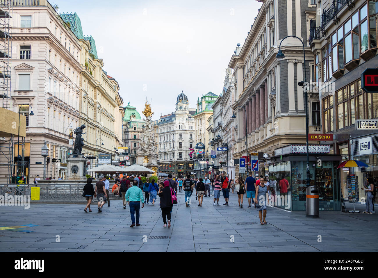 Vienna, Austria - September 1, 2019: Grabenstrasse - main shopping street in downtown Vienna. People walk through the pedestrian zone. Austria Stock Photo