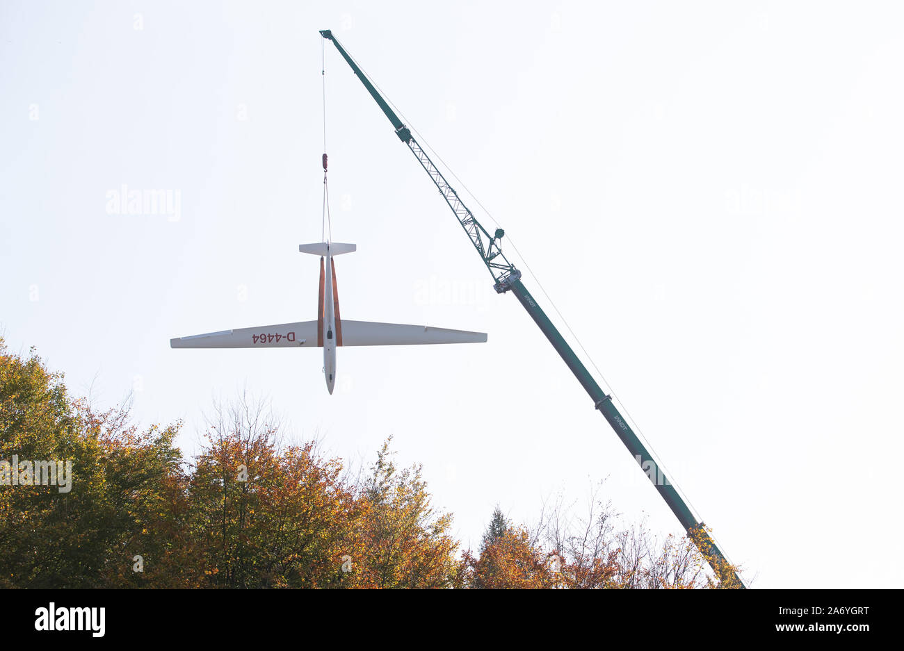 Porta Westfalica, Germany. 29th Oct, 2019. A glider hangs from the hook of a telescopic crane. On this day the recovery of the glider pilot takes place; two cranes are used. The plane was to be forced to land in the forest area on 12.10. and got caught in the treetops at a height of 35 metres. In a spectacular rescue operation, the pilot and his companion could be freed unharmed in a helicopter after more than four hours. Credit: Friso Gentsch/dpa/Alamy Live News Stock Photo