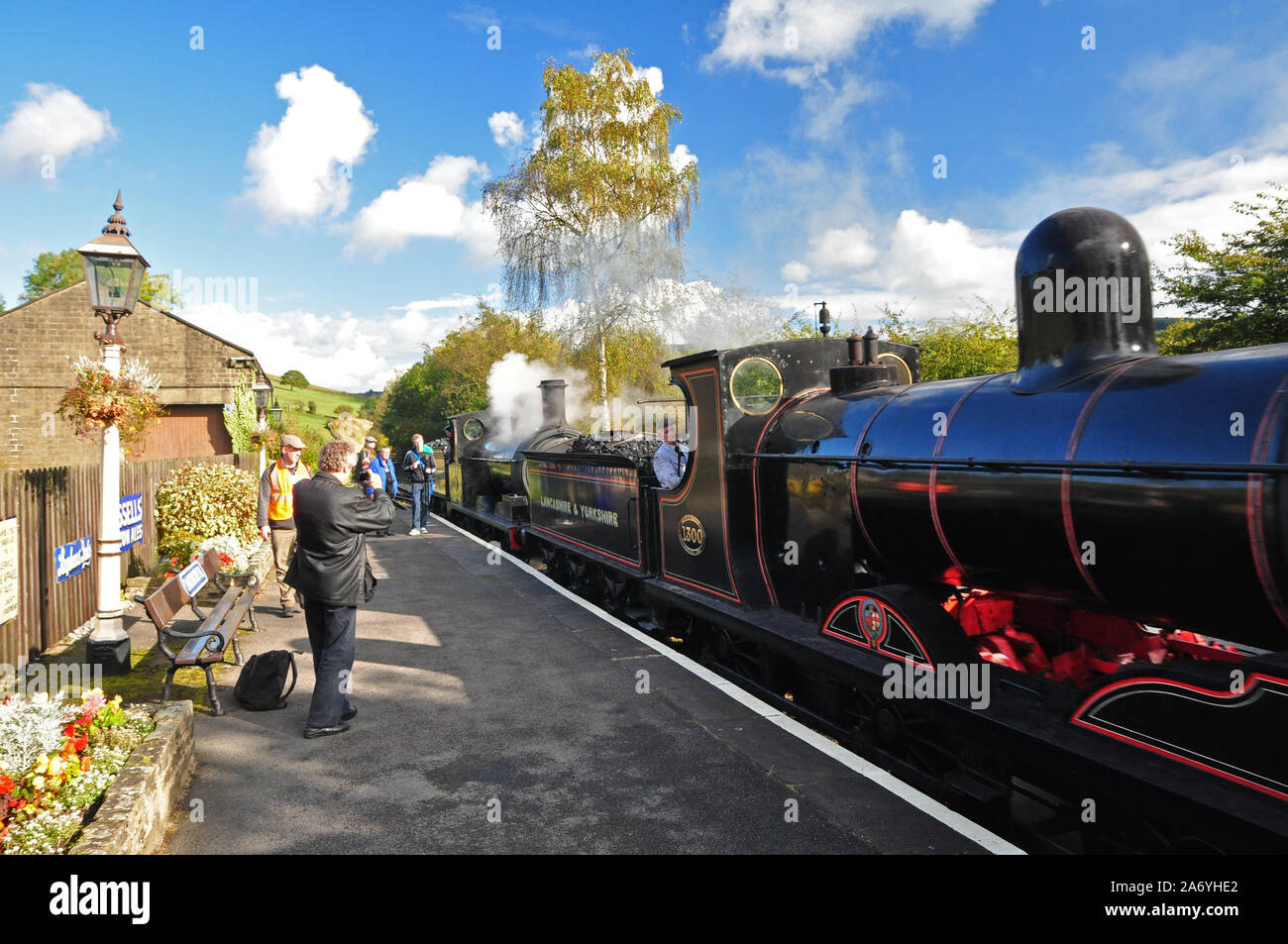 Two steam trains in tandem, Oakworth, Keighley and Worth Valley Railway, Stock Photo