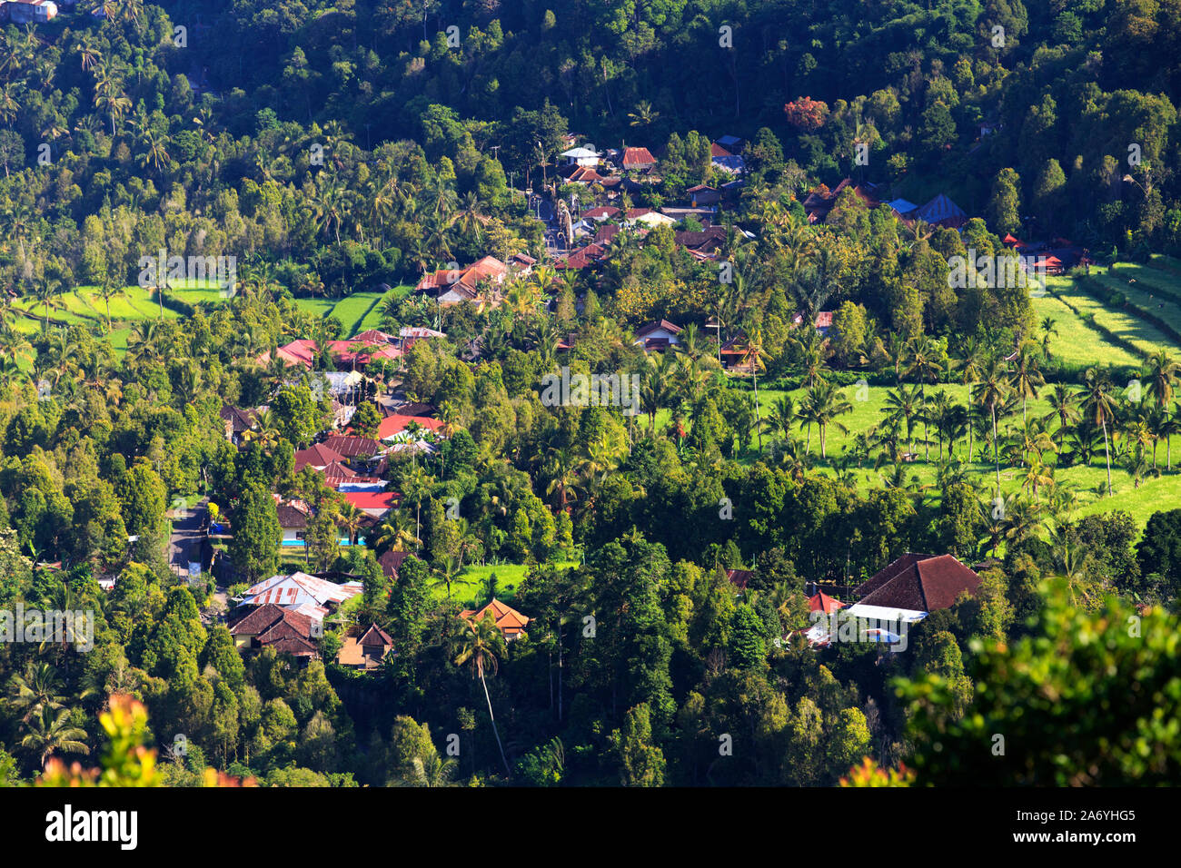 Indonesia, Bali, Central Mountains, Munduk, mountain landscape and small villages seen from a hike around the popular trekking destination of Munduk Stock Photo