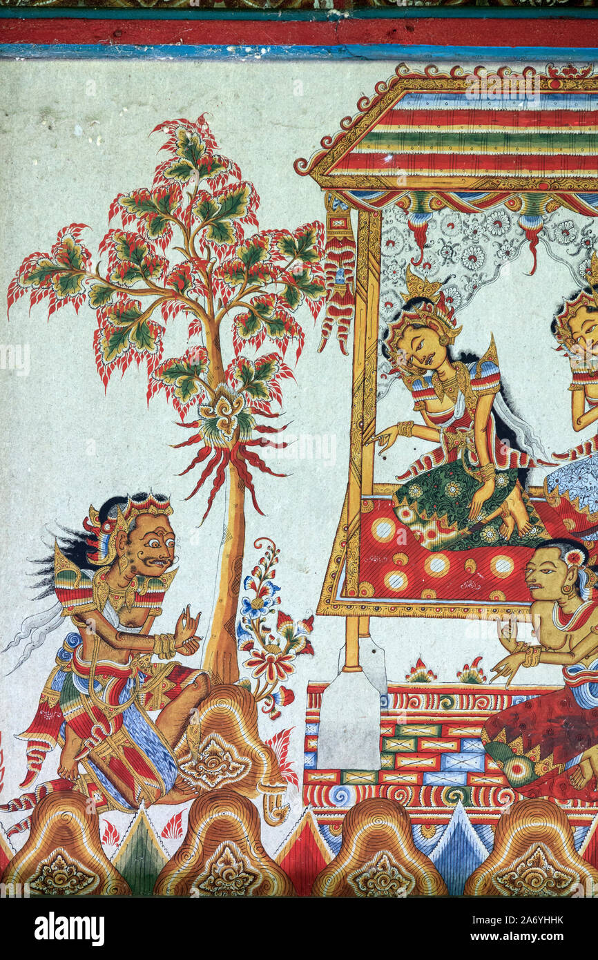Indonesia, Bali, Klungkung (Semarapura), Historic Kertha Gosa Pavilion (Hall of Justice), detail of painted ceiling Stock Photo