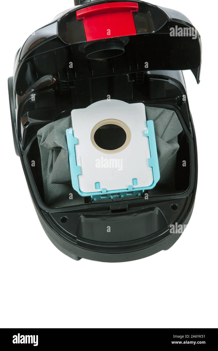dust bag in a black vacuum cleaner on a white background Stock Photo