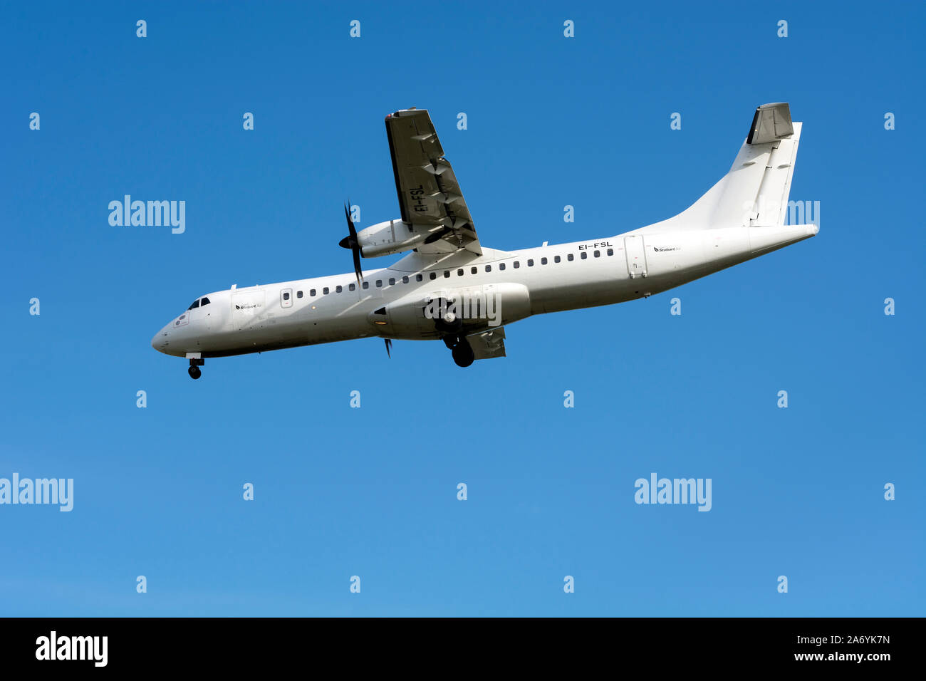 Stobart Air ATR 72-600 landing at Birmingham Airport, UK (EI-FSL) Stock Photo