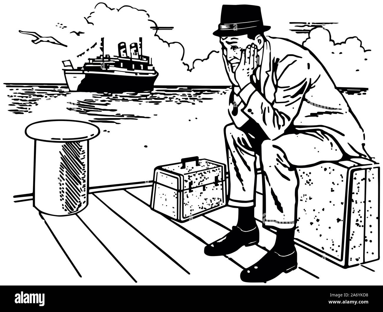 Missed The Boat - Dejected man sitting on dock Stock Photo