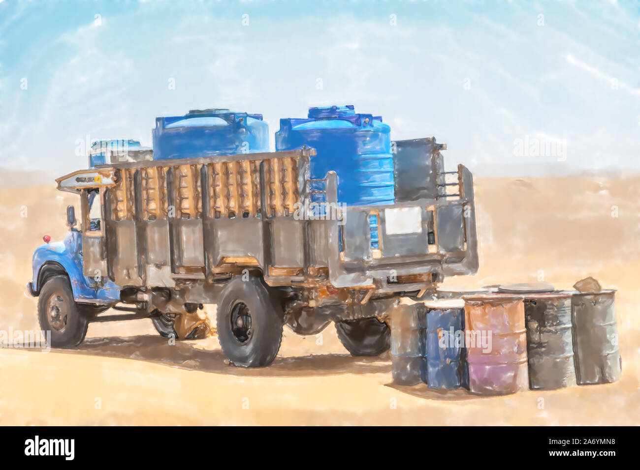 watercolor illustration: Water wagons and water barrels in the middle of the desert of Sudan Stock Photo