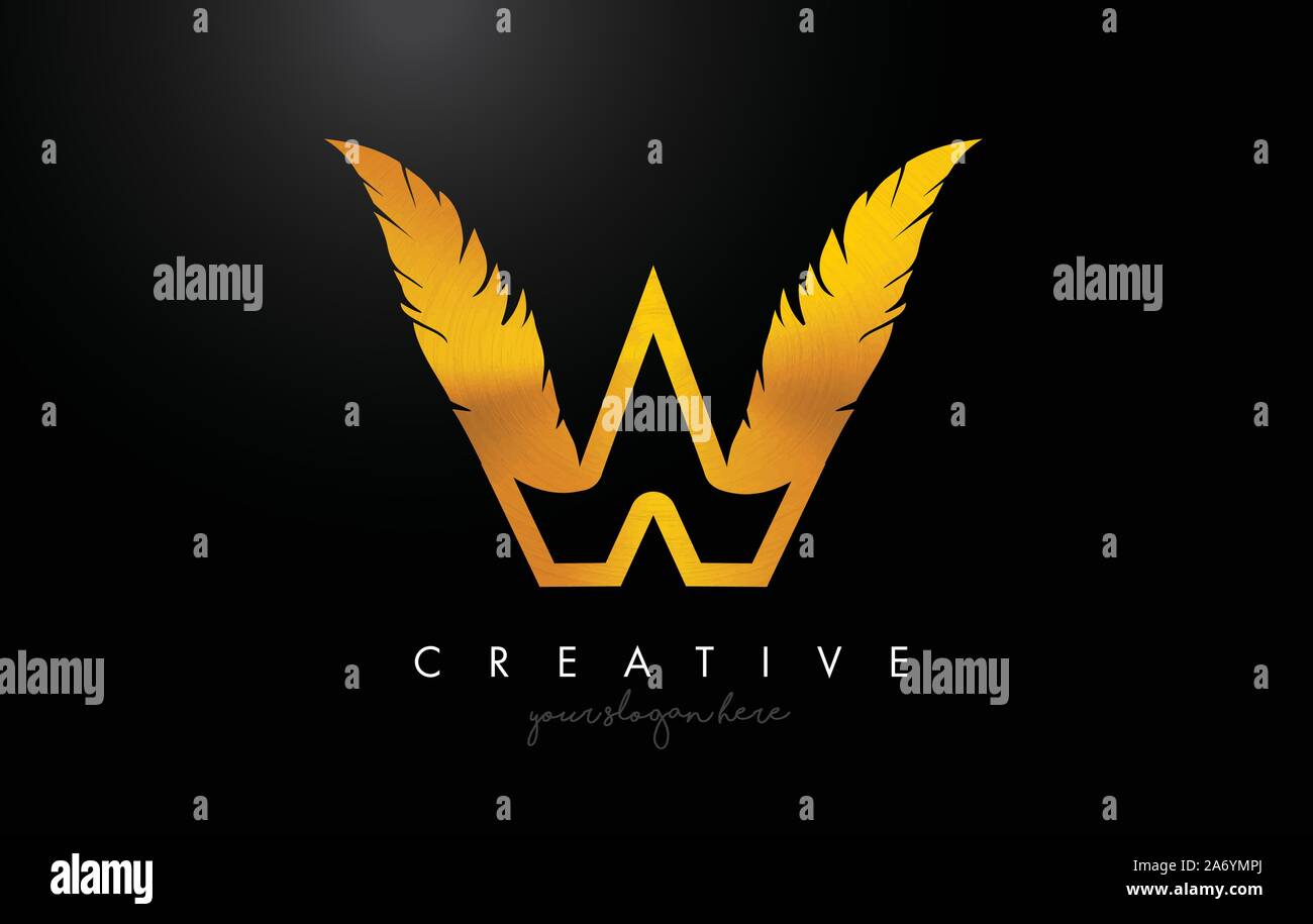W Golden Gold Feather Letter Logo Icon Design With Feather Feather ...