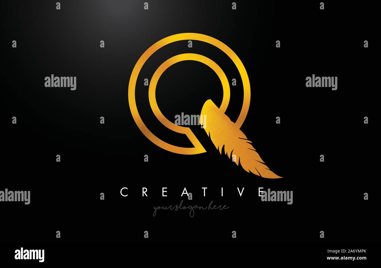 Q Golden Gold Feather Letter Logo Icon Design With Feather Feather ...