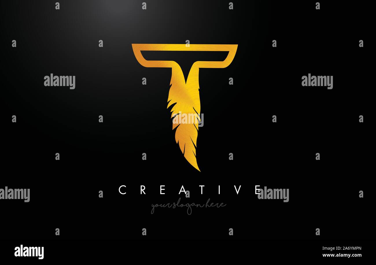 T Golden Gold Feather Letter Logo Icon Design With Feather Feather ...