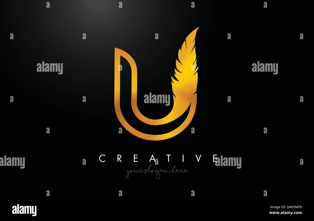 U Golden Gold Feather Letter Logo Icon Design With Feather Feather ...