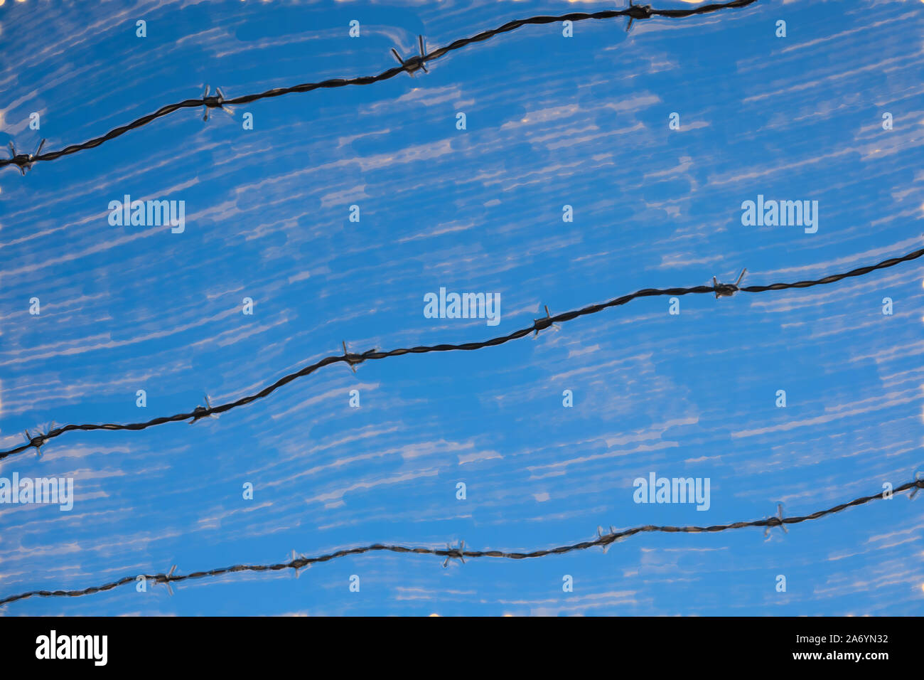 watercolor illustration: Three rows of rusty barbed wire in front of a blue sky, abstract Stock Photo