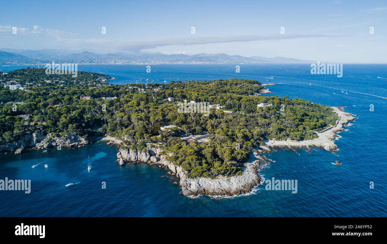 Aerial drone shot of cap d'Antibe in summer, near Nice, cote d'azur, South France Stock Photo