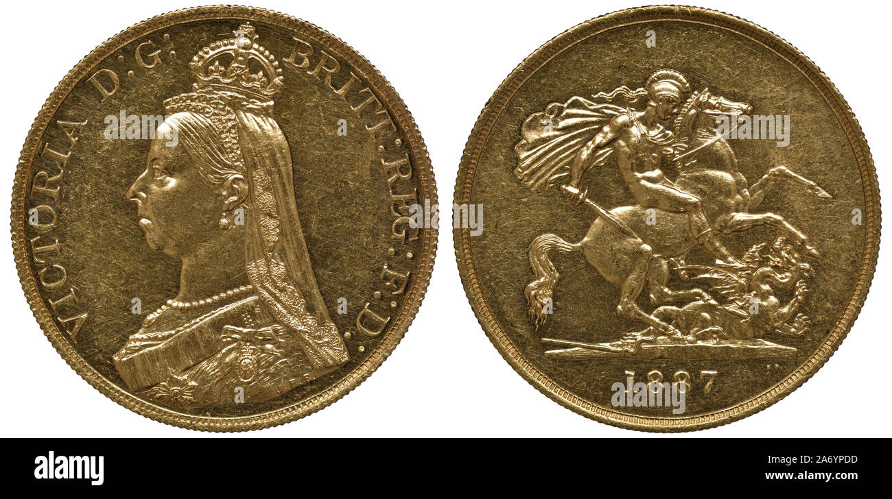 Great Britain British golden coin 5 five pounds 1887, bust of Queen Victoria wearing small crown and veil left, St George on horse slaying dragon, Stock Photo