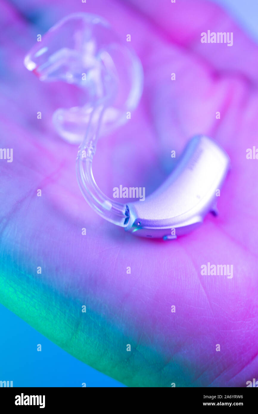 Modern digital hearing aid for deafness and deaf people Stock Photo Alamy