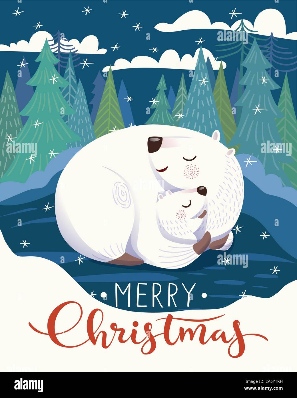 Vector Merry Christmas poster with polar bear and baby Stock Vector ...
