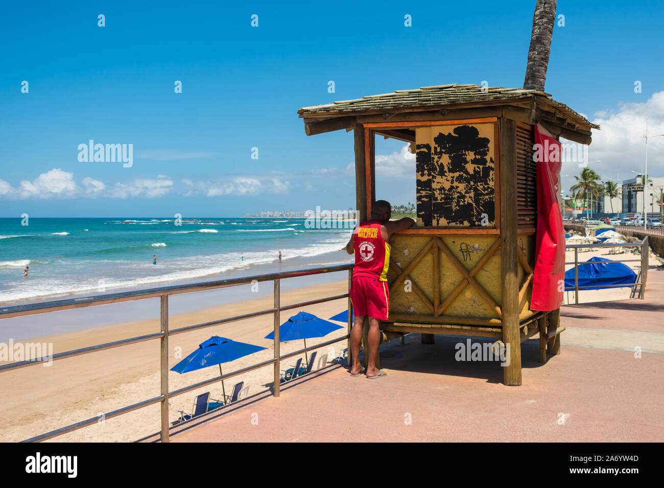 Salvador, Brazil - Circa September 2019: Lifeguard Booth at the promenade by Itapua beach in Salvador, Bahia Stock Photo