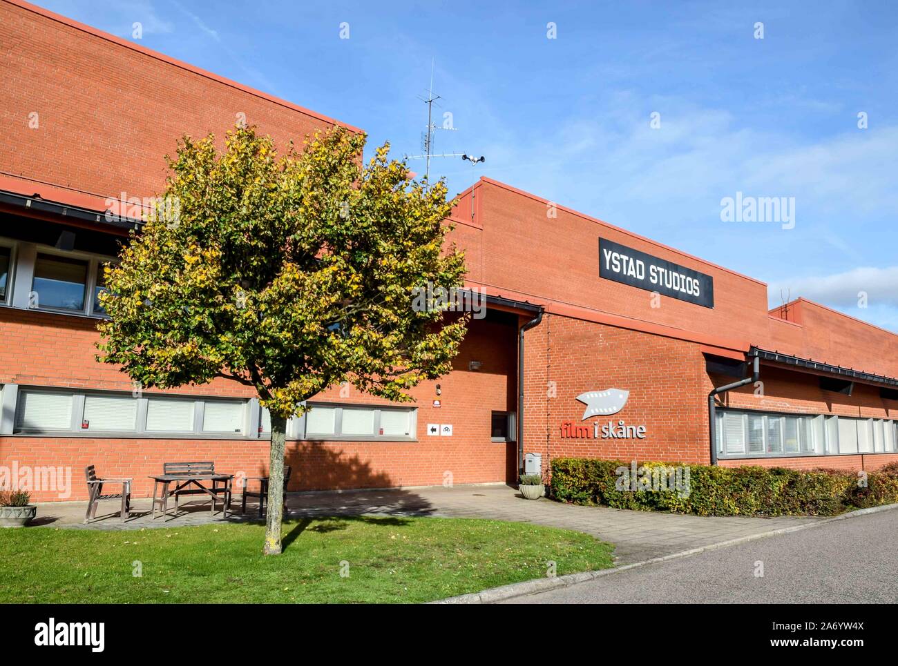 The main Film iSkane building of Ystad Studios in Yestad, Sweden. This was the headquarters for the 40+ episodes of the Swedish crime series, Wallande Stock Photo