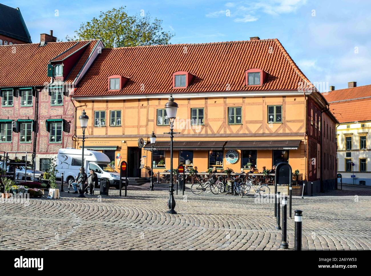 Colourful old town Ystad Sweden on a sunny day. Stock Photo