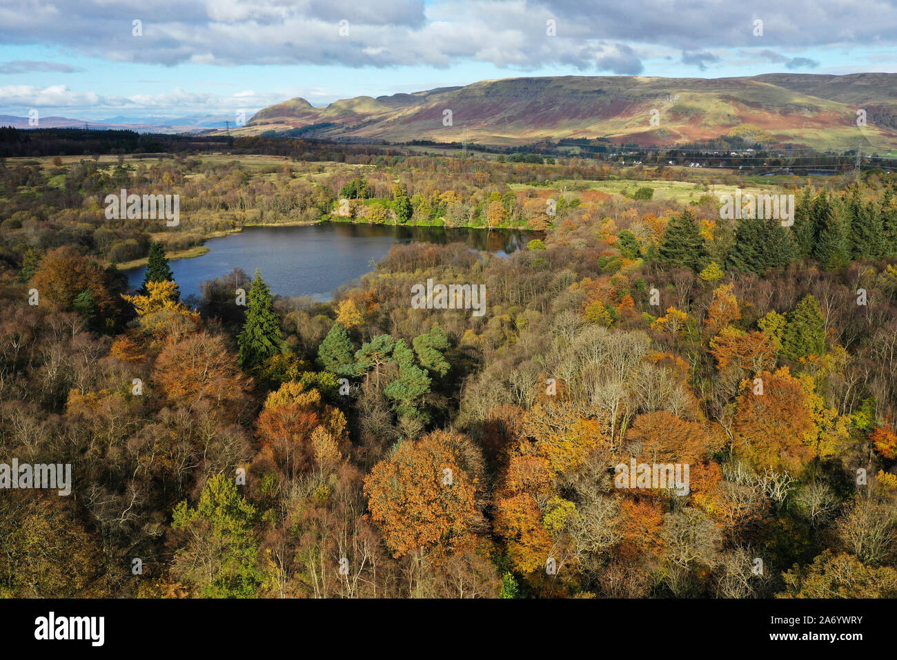 Milngavie, UK. 29th Oct, 2019. Aerial drone view of Autumn sunshine