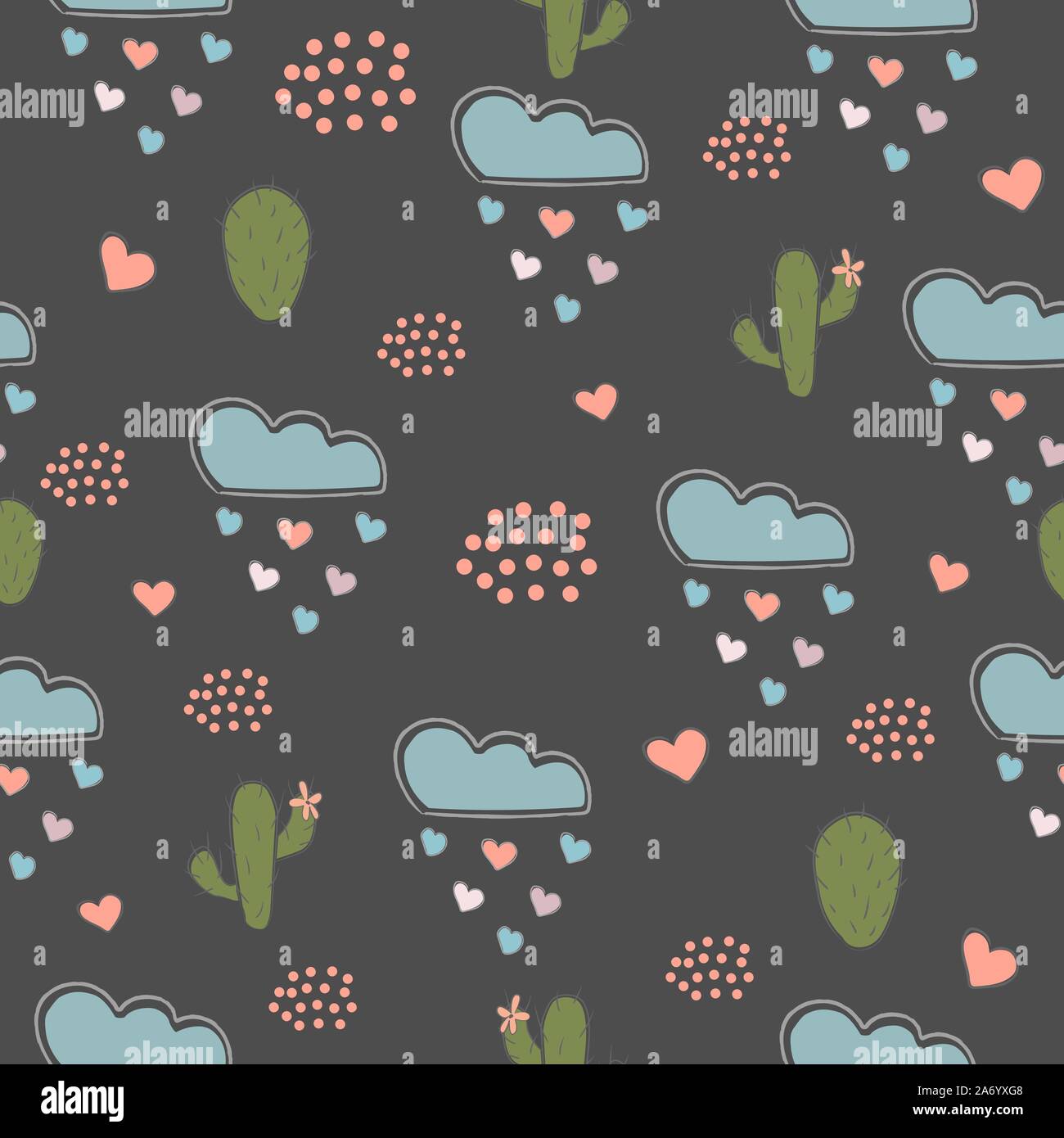 Seamless Pattern with cacti, hearts and clouds raining with hearts. Vector Illustration Stock Vector