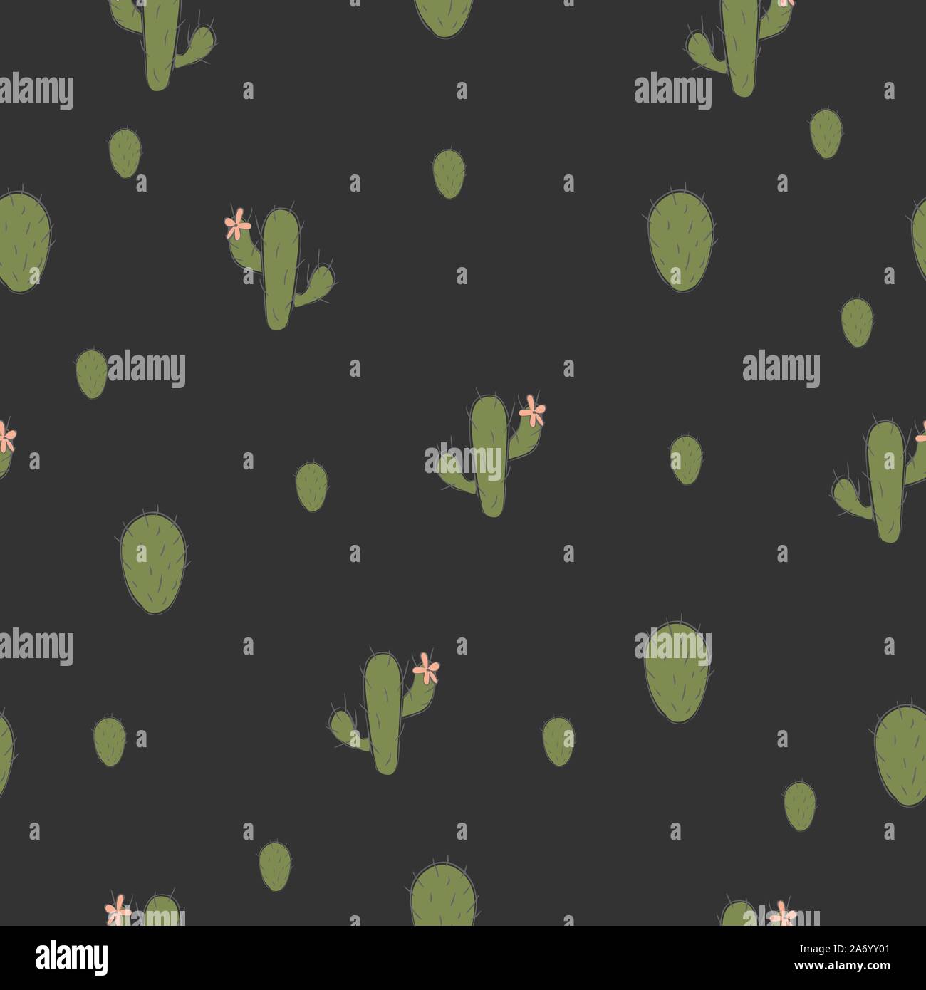 Cute seamless pattern with green cacti on black background. Vector ...