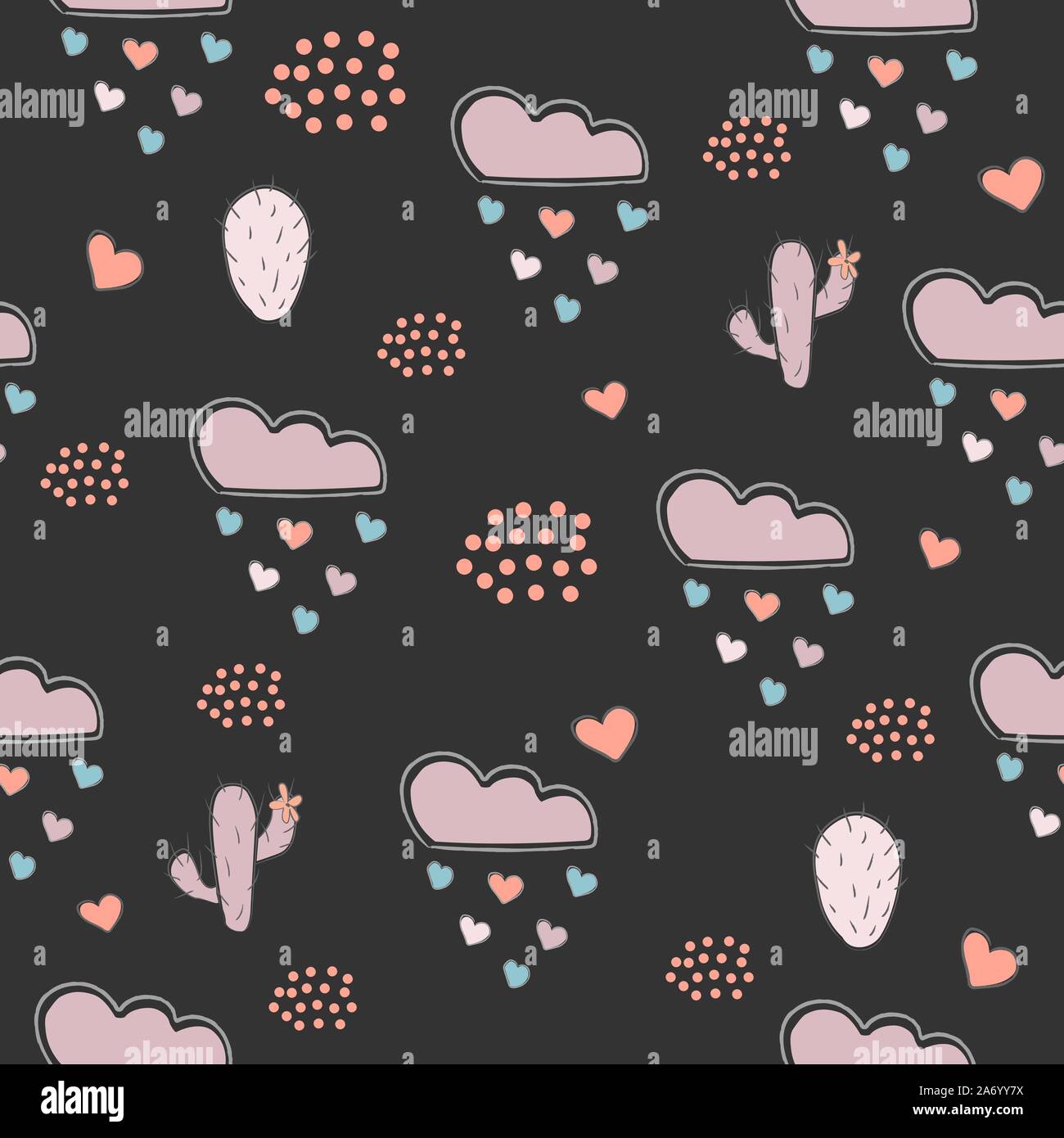 Seamless Pattern with cacti, hearts and clouds raining with hearts. Vector Illustration Stock Vector