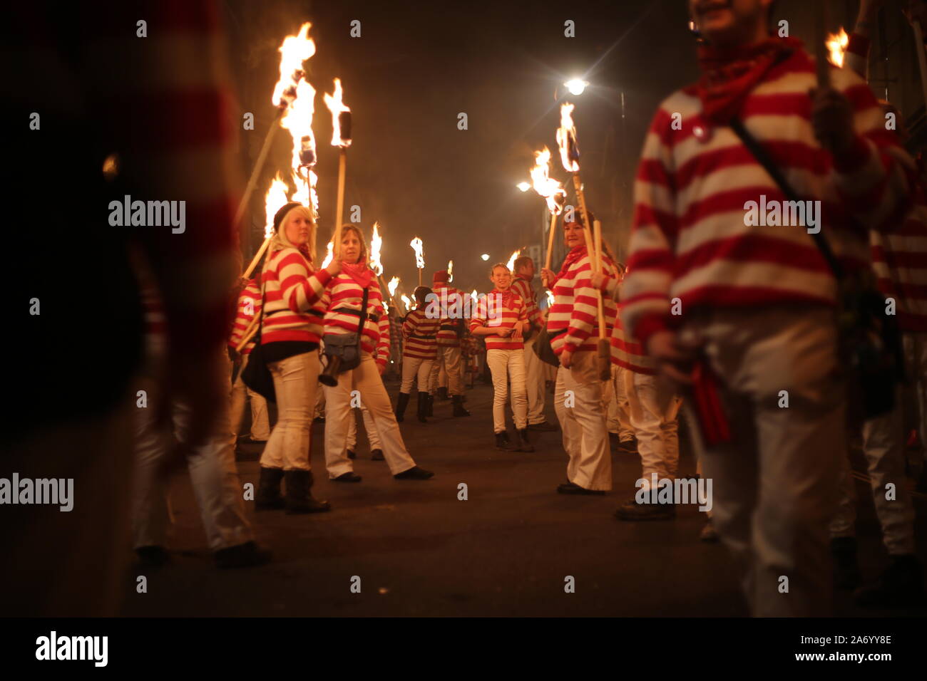 Bonfire Night, Lewes. Bonfire Societies meet up in Lewes town centre to march to their own bonfires. This traditional winter festival draws many. Stock Photo