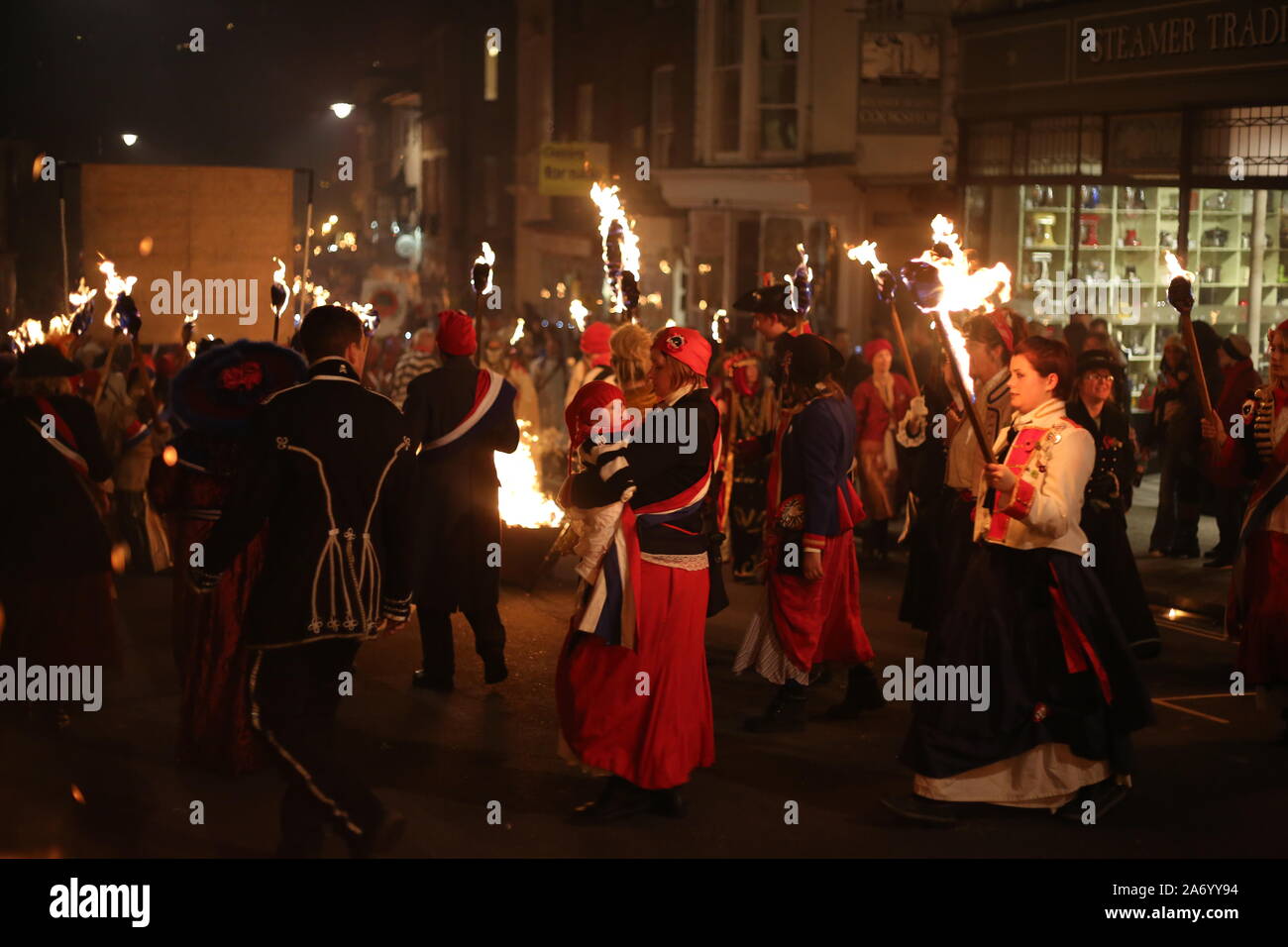 Bonfire Night, Lewes. Bonfire Societies meet up in Lewes town centre to march to their own bonfires. This traditional winter festival draws many. Stock Photo