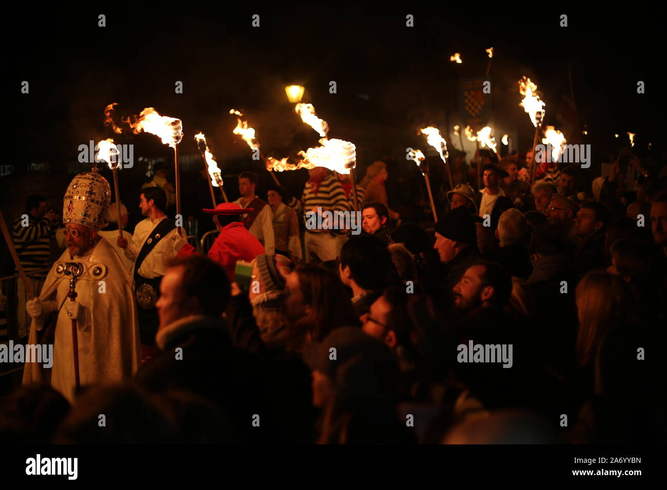 Bonfire Night, Lewes. Bonfire Societies meet up in Lewes town centre to march to their own bonfires. This traditional winter festival draws many. Stock Photo