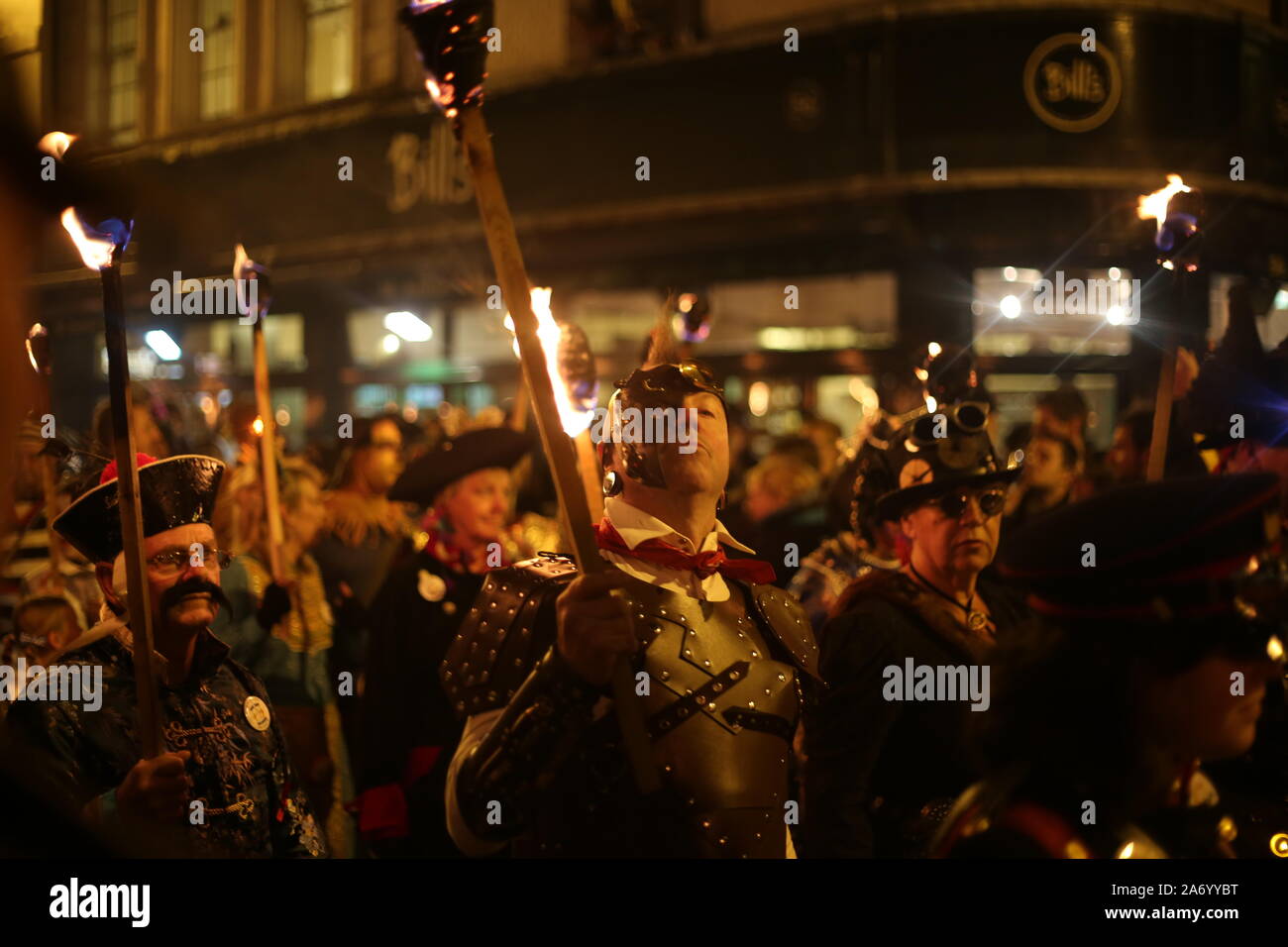 Bonfire Night, Lewes. Bonfire Societies meet up in Lewes town centre to march to their own bonfires. This traditional winter festival draws many. Stock Photo