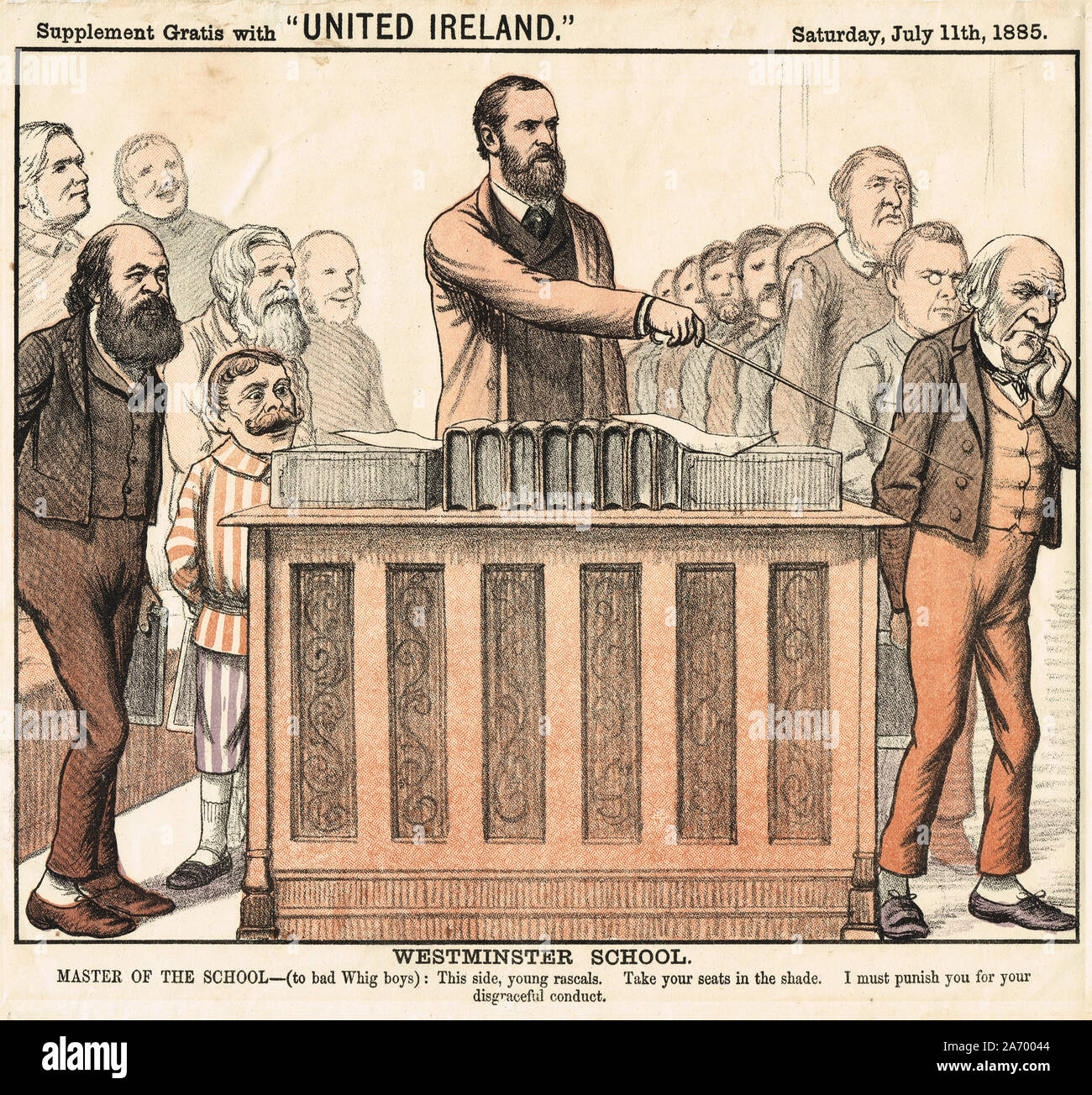 Charles Stewart Parnell cartoon from the United Ireland Newspaper supplement of 11 July 1885 entitled Westminster school.    Showing Parnell as a teacher punishing Gladstone and his party for their failure to support home rule, leading to the hung parliament of 1885 where the Irish Parliamentary party held the balance of power. Stock Photo