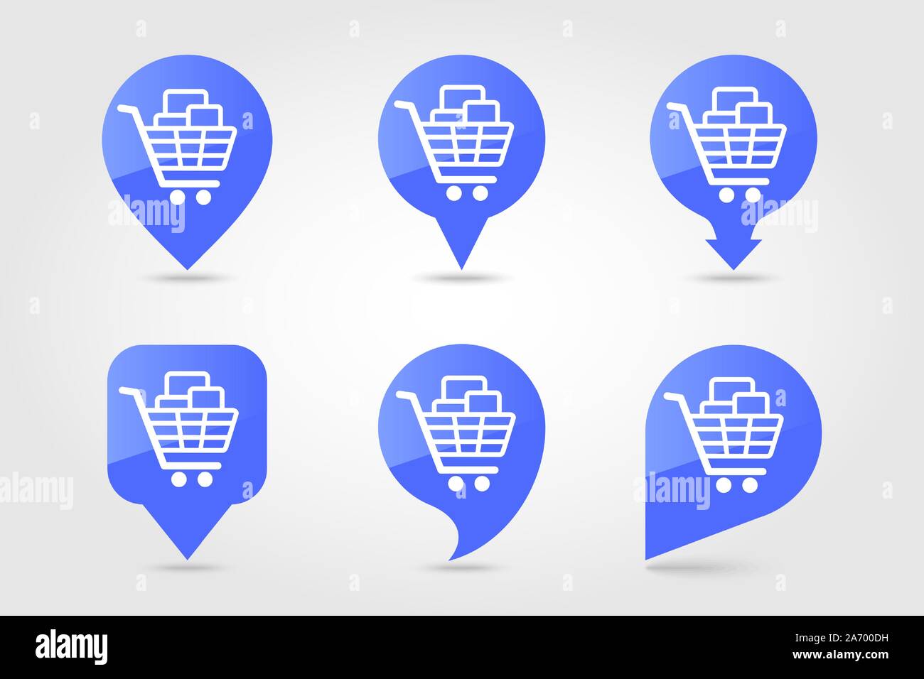 Shopping cart with boxes pin map icon. E-commerce sign. Map pointer. Map markers. Destination vector icon Stock Vector