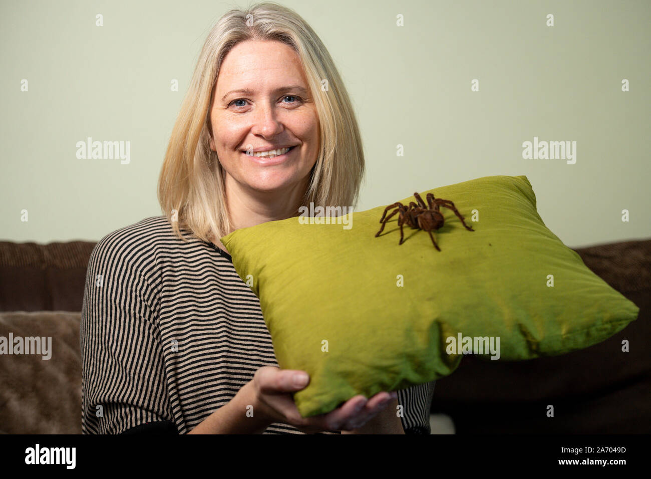 Zoologist Carrie Alcock with Boris, her Goliath birdeater spider at her home in Cheadle, Staffordshire ahead of the National Pet Show at the NEC on November 2 and 3. Stock Photo