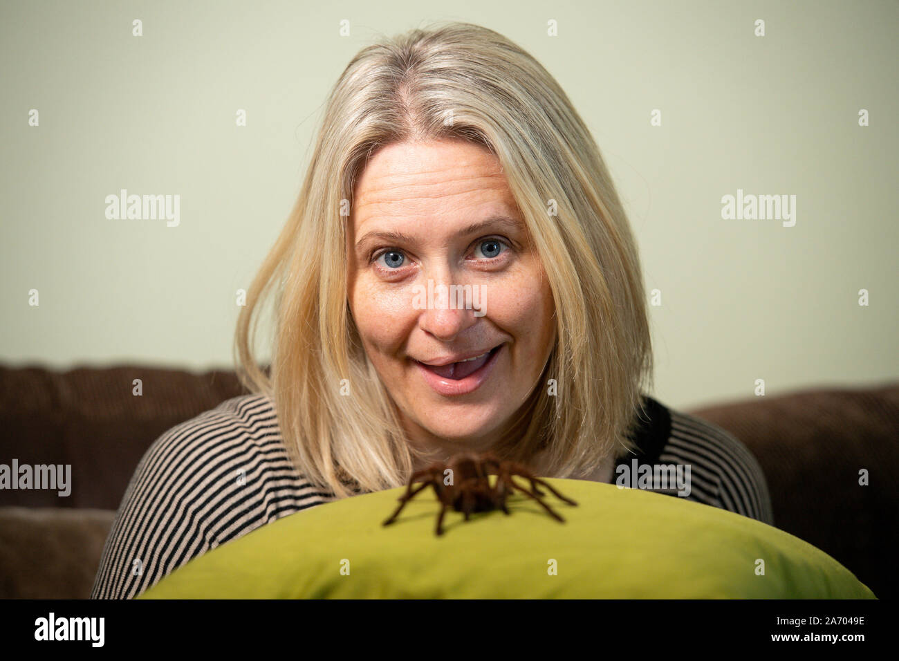 Zoologist Carrie Alcock with Boris, her Goliath birdeater spider at her home in Cheadle, Staffordshire ahead of the National Pet Show at the NEC on November 2 and 3. PA Photo. Picture date: Tuesday October 29, 2019. Photo credit should read: Jacob King/PA Wire Stock Photo